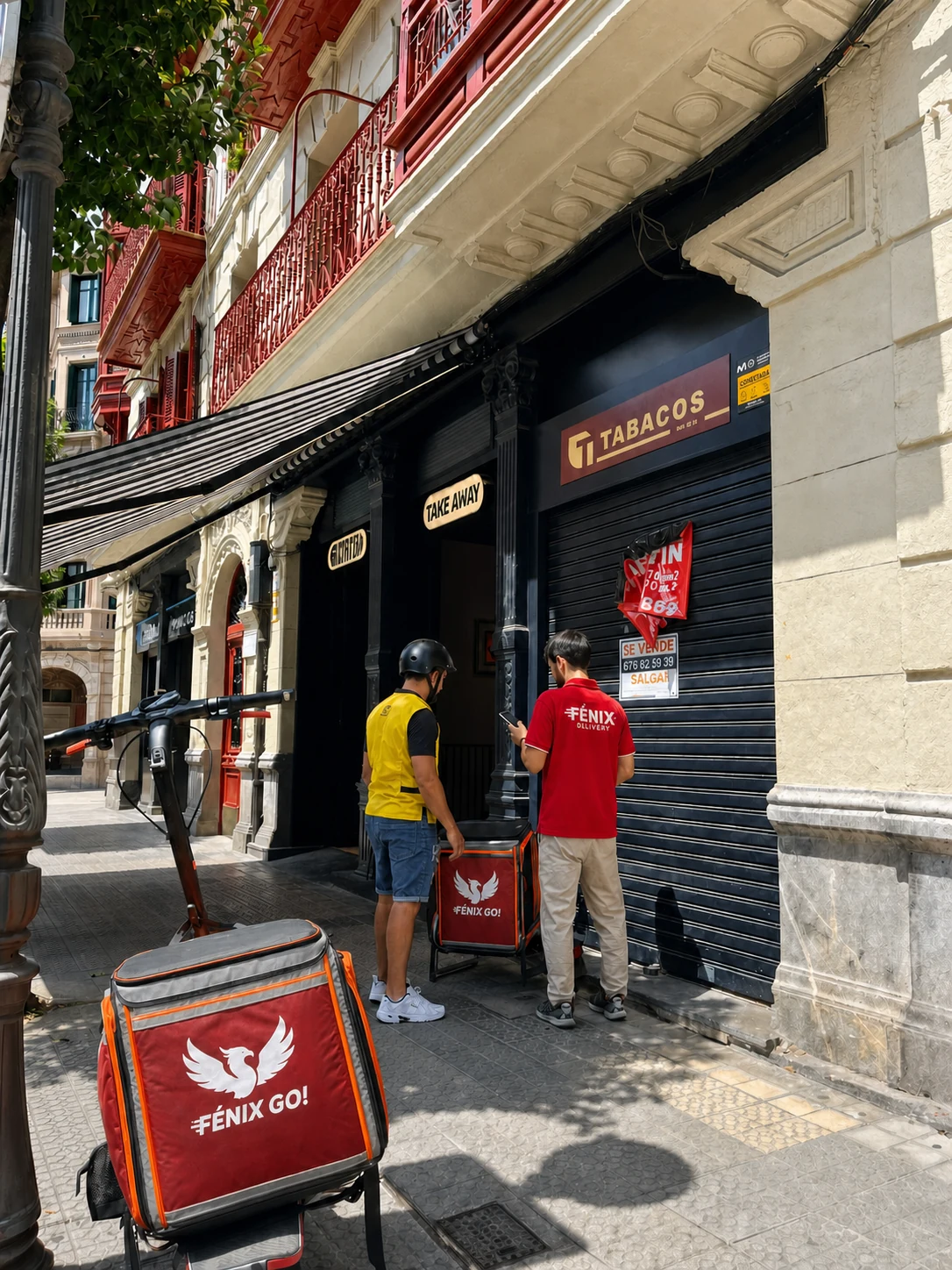 Riders coordinando una recogida con mochilas Fénix en una calle de Bilbao