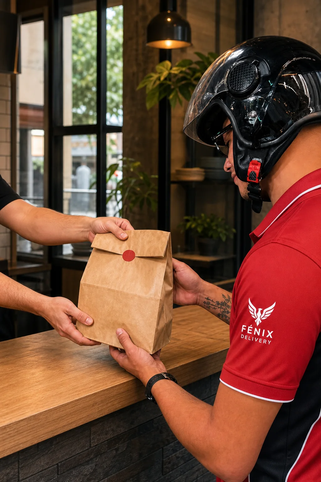 Rider de Fénix recibiendo un pedido sellado en el mostrador de un restaurante